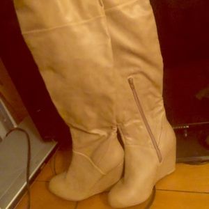Tan wedge over knee boots
